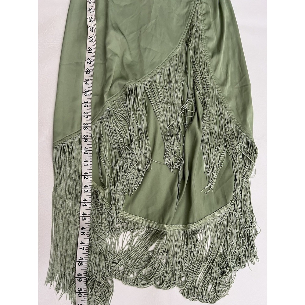12th Tribe Tulum Green Satin Fringe Midi Dress L (M) Open Tie Back Party Boho - Picture 11 of 12